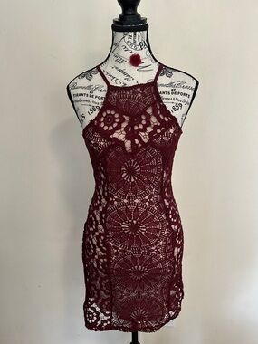 Francesca’s Burgundy Crochet Halter Mini Dress & coordinating rose choker